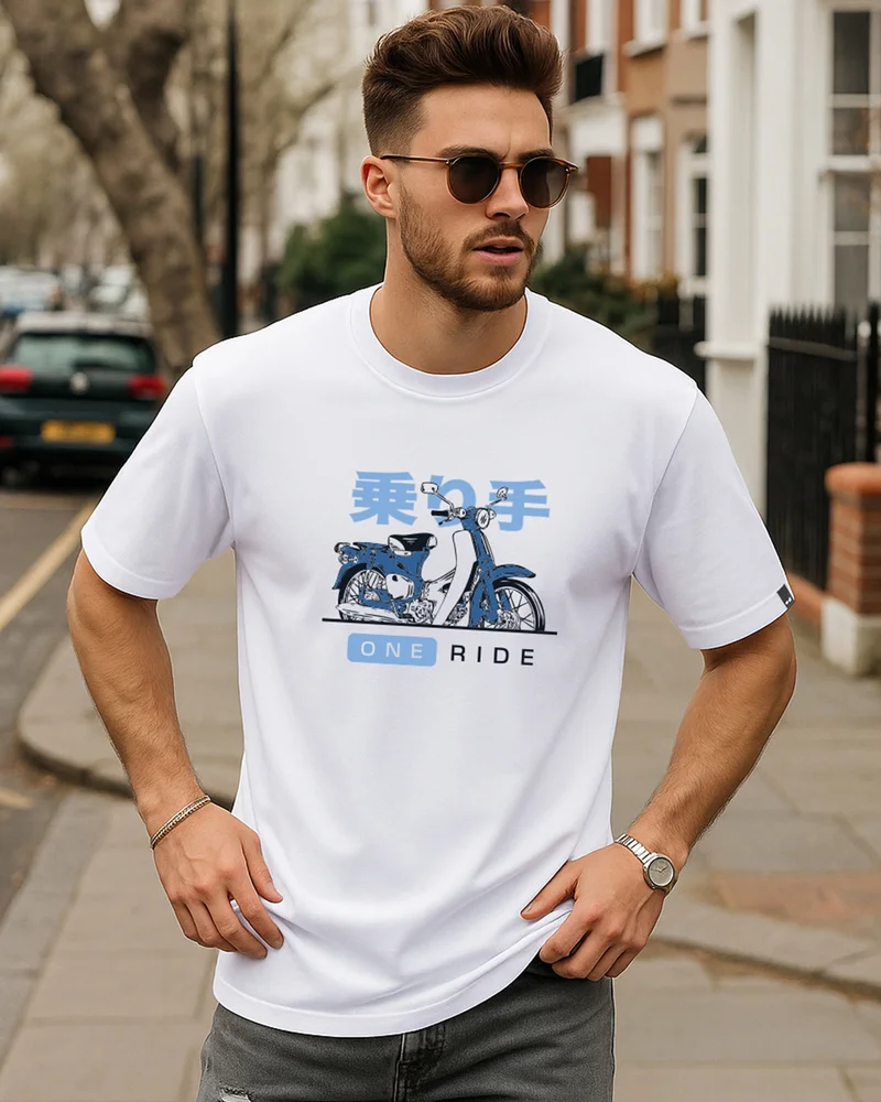 bewakoof Men's White One Ride Graphic Printed Oversized T-shirt